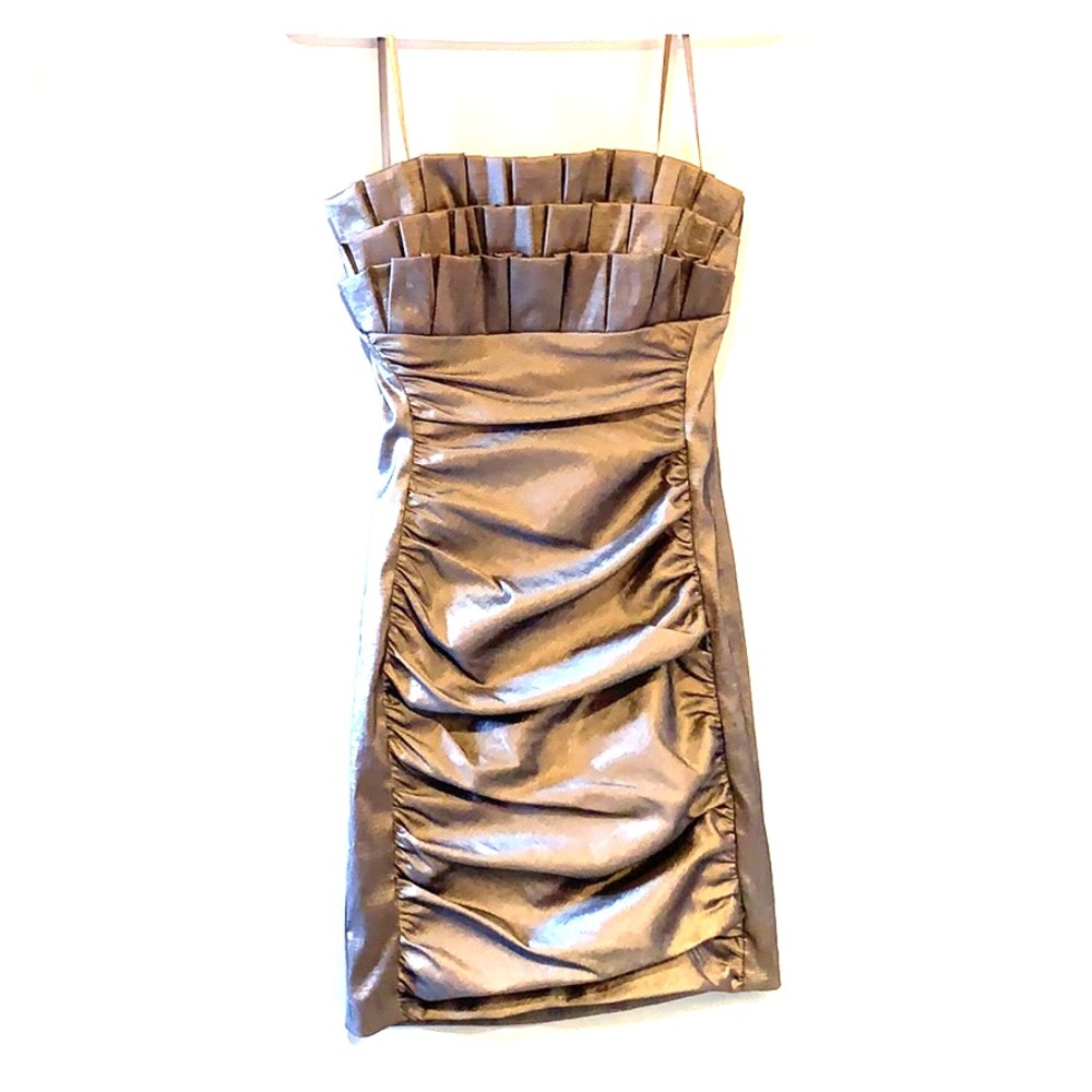 Metallic golden evening dress with zip back.